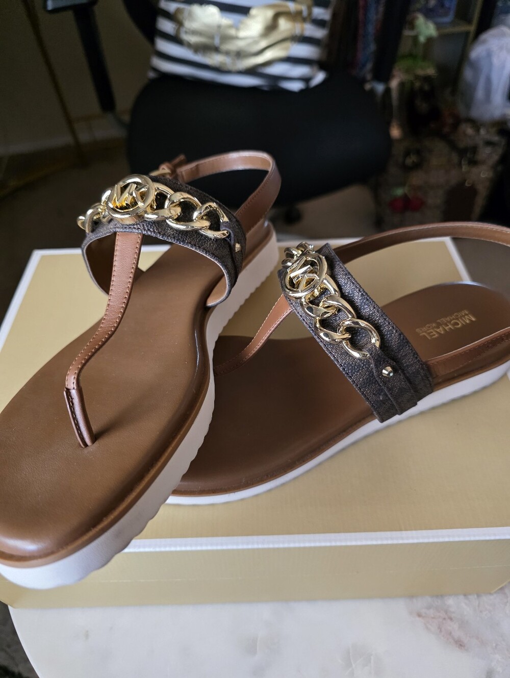 Michael Kors Brown Logo-Print Thong Sandals with Gold MK Accent - Picture 6 of 10